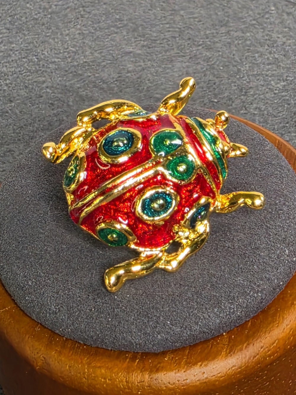 Gold-Tone Red & Green Ladybug Brooch
